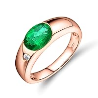 KnSam Wedding Bands, 18K Rose Gold Oval Cut Green Emerald 1.05ct and Diamond Rose Gold