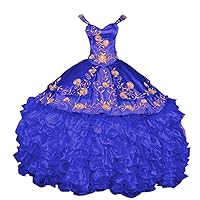 Off Shoulder Ball Gown Ruffled Quinceanera Prom Dresses with Juliet Long Sleeves Gold Lace Embellishment 2024