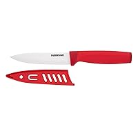 Farberware Ceramic 5-inch Utility Knife with Custom-Fit Blade Cover, Razor-Sharp Kitchen Knife with Ergonomic, Soft-Grip Handle, Dishwasher-Safe, 5-inch, Red
