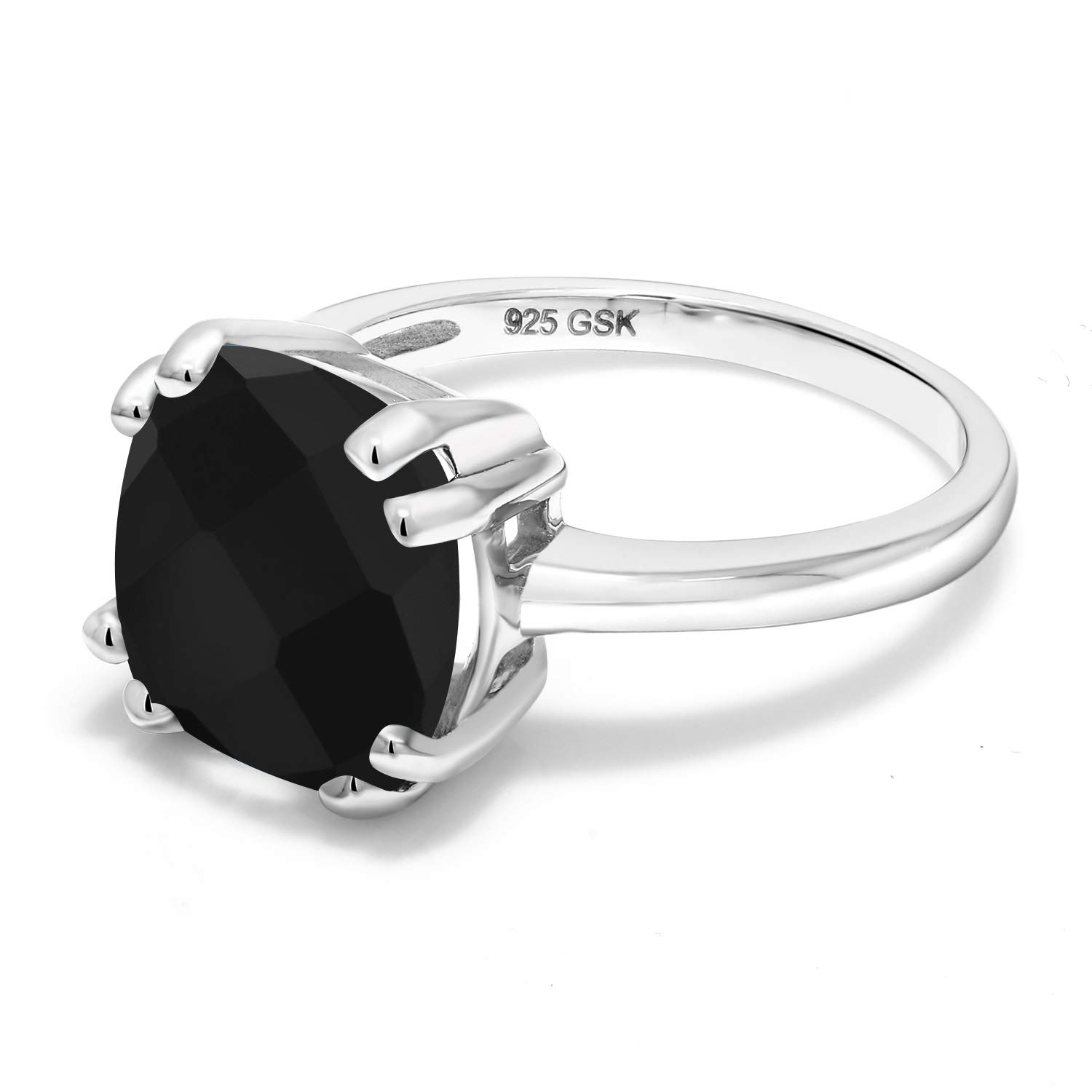 Gem Stone King 925 Sterling Silver Black Onyx Engagement Double Prong Ring For Women (3.60 Cttw, Cushion Checkerboard 10MM, Gemstone Birthstone, Available In Size 5, 6, 7, 8, 9)