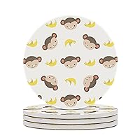 Monkey Banana Ceramic Coasters with Cork Base Absorbent Drink Coaster Great Gift for Housewarming Room Decor Bar Round 4 Inches 4PCS