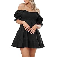 Womens Off Shoulder Summer Dress 2024 Puff Short Sleeve Ruffle Tiered Smocked a line Casual Mini Dress Beach Vacation