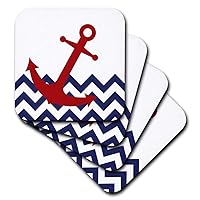 3dRose cst_165791_1 Red Nautical Boat Anchor on Chevron Pattern-Soft Coasters, Set of 4