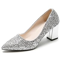 Women Sequined Pumps Gold Chunky Heels Comfort Pointed Toe Slide Formal Pumps Prom Cocktail Party