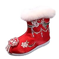 Cotton Boots For Girl Winter Vintage Embroidered Cloth Boots Plush Inside Of Hanfu Shoes Rain Boots for Girls