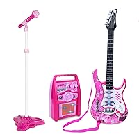 Willbebest Kids Karaoke Microphone Guitar Musical Set Kids Electric Guitar Microphone Amplifier Set Karaoke Machine Musical Instruments Toy Electric Guitar with Microphone for Boys and Girls (Pink)