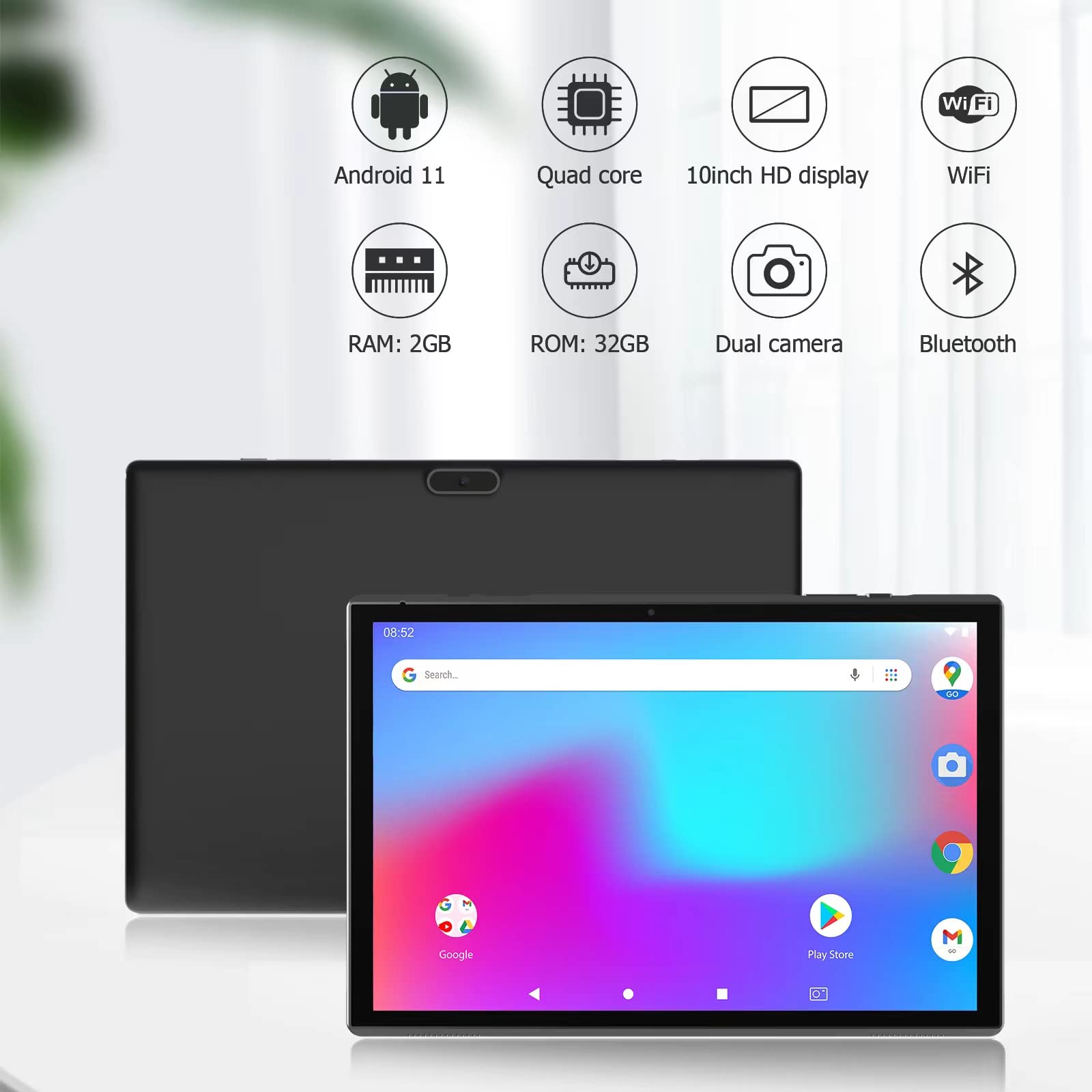 10 Inch Tablet, Google Android 11 Tablet, Quad-Core Processor Tableta Computer with 32GB ROM 2GB RAM 8MP Camera WiFi BT 10.1 in HD Display, 6000mAh Long Battery Life Tablet.