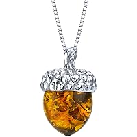 PEORA Genuine Baltic Amber Acorn Pendant Necklace and Earrings for Women 925 Sterling Silver, Rich Cognac Color