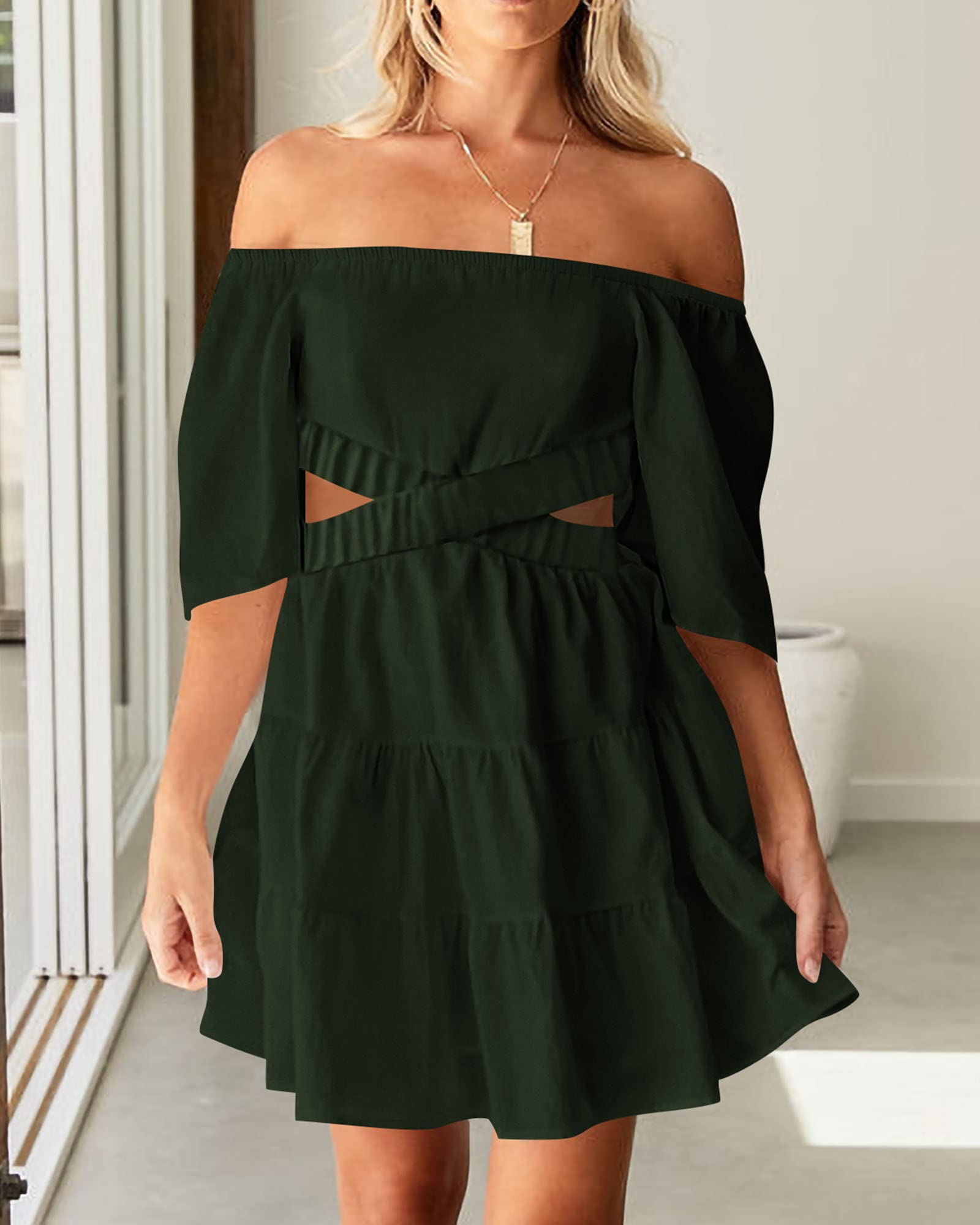 BTFBM Women Summer Dresses 2023 Square Neck Short Sleeve Cutout Crossover Waist Casual Party Tiered A-Line Mini Dress