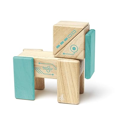 Tegu Robo Magnetic Wooden Block Set, Electric Aqua, 8 PIECE