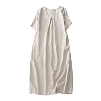 Women's Summer Cotton Linen Dress Crewneck Short Sleeve Button Side Split Loose Tunic Dresses Plain Beach Sundress