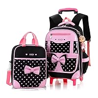Bowknot Kids Rolling School Backpack 2Pcs Polka Dot Princess Style Trolley Bookbag on Two Wheels
