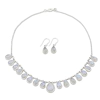 NOVICA Handmade Rainbow Moonstone Jewelry Set Necklace Earrings .925 Sterling Silver Clear Pendant Link India 'Lovely Morning'