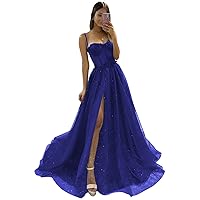 Flower Sparkly Tulle Long Prom Dresses for Teens Spaghetti Straps Sweetheart Formal Evening Ball Gown with Slit