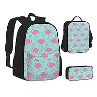 Pink Flamingo Print Backpack 3 Pcs Set Travel Hiking Lightweight Water Laptop Pencil Case Insulated Lunch Bag