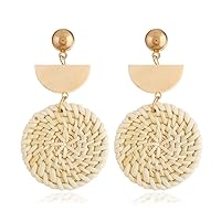 Earrings for Women- Organic Wooden Straw Weave Rattan Earrings round Vine Braid Geometric Big eaings-Drop Dangle Earrings