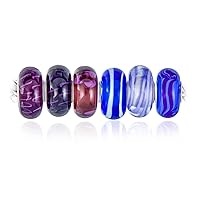 Bling Jewelry Mixed Set Of 6 Bundle Violet Lavender Purple Burgundy Blue Murano Glass Spacer Charm Bead Bundle .925 Sterling Silver Core Fits European Style Bracelet For Women For Teen