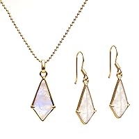 Gempires Rainbow Moonstone Pendant Necklace and Earring Set, Kite Shape Natural Gemstone, Moonstone Jewelry, Hypoallergenic 14k Gold Plated, Gift for Her