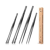 4 Pcs Fine Long Tweezer Tongs Professional Black, 12'' and 10'' Stainless Steel for Kitchen, Food, Cooking, Repairing, Sea food and BBQ