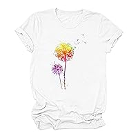 Womens Top Short Sleeve Blouses for Women Crew Neck Dandelion Flower Loose Fit Long Tie Dye Fall Summer Shirt 2024