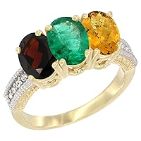 10K Yellow Gold Natural Garnet, Emerald & Whisky Quartz Ring 3-Stone Oval 7x5 mm Diamond Accent, Sizes 5-10
