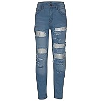 Ripped Light Blue Denim Jeans Comfort Stretch Skinny Pants Trousers Lightweight Trendy Summer Boys Age 3-13 Years