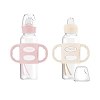 Dr. Brown's Milestones Narrow Sippy Spout Bottle with 100% Silicone Handles, Easy-Grip Handles with Soft Sippy Spout, 8oz/250mL, Light-Pink & Ecru, 2-Pack, 6m+