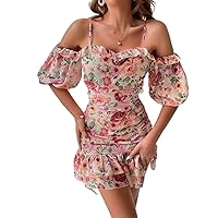 Summer Dresses for Women 2023 Floral Print Cold Shoulder Ruffle Hem Dress