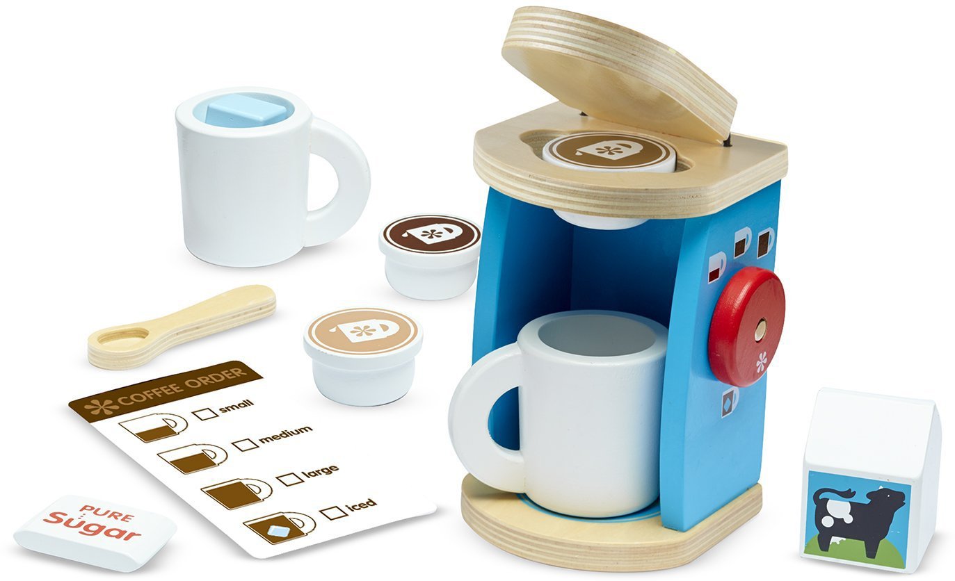 Melissa & Doug Wooden Brew & Serve Coffee Set: Pretend Play Food Set Bundle with 1 Theme Compatible M&D Scratch Fun Mini-Pad (09842)