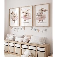 DOLUDO Set of 3 Prints Ballerina Bunny Wall Art Pictures Cute Woodland Animals Canvas Painting for Girl's Room Nursery Decor Ready To Hang