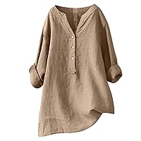 YZHM Women's Button Down Linen Shirts V Neck Long Sleeve Tops Dressy Casual Blouses Loose Fit Solid Tunic Tops Comfy Trendy Tshirts, Plus Size Tops for Women Blusa Mujer Manga Larga Khaki