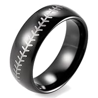 Men's 8mm IP Black Domed Tungsten Ring with Engraved Baseball Pattern