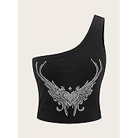 Women's Tops Women's Shirts Sexy Tops for Women Heart Rhinestone One Shoulder Crop Top (Color : Black, Size : Large)