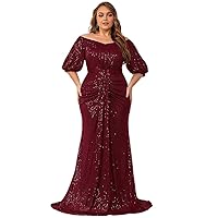 Women's Plus Size Off Shoulder Puff Sleeve Sequin Formal Maxi Dress Evening Party Gowns