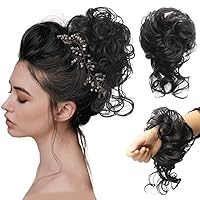 Messy Bun Hair , Updo Super Long Tousled Extensions Bun Curly Wavy Ponytail Hairpieces Hair Scrunchies with Elastic Rubber Band Synthetic Chignon hair extension for Women Girls , women's hair piece( black)