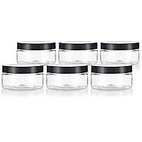 JUVITUS 3 oz Clear PET Plastic Refillable Low Profile Jar with Black Lid (6 pack) I BPA Free Empty Storage Containers