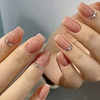 Square Press on Nails Medium Length - Nude Fake Nails with Glue, Pink Gradient False Nails with Rhinestones Designs Stick on Nails Reusable Natural Artificial Finger Manicure for Women and Girls