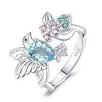 JewelryPalace Hummingbird 1.5ct Genuine Sky Blue Topaz Created Pink Sapphire Cocktail Ring for Women, Birds 14k White Gold Plated 925 Sterling Silver Open Adjustable Wrap Ring, Gemstone Jewellery Sets