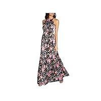 Womens Black Zippered Cut Out Tiered Lined Floral Sleeveless Halter Maxi Formal Gown Dress 14