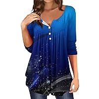 Women's Floral Printed Long Sleeve Henley Shirts V Neck Pleated Casual Flare Tunic Blouse Tops