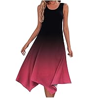 Gradient Irregular Hem Tank Dress Womens Summer Sleeveless Scoop Neck Midi Dresses Casual Beach A-Line Sundress