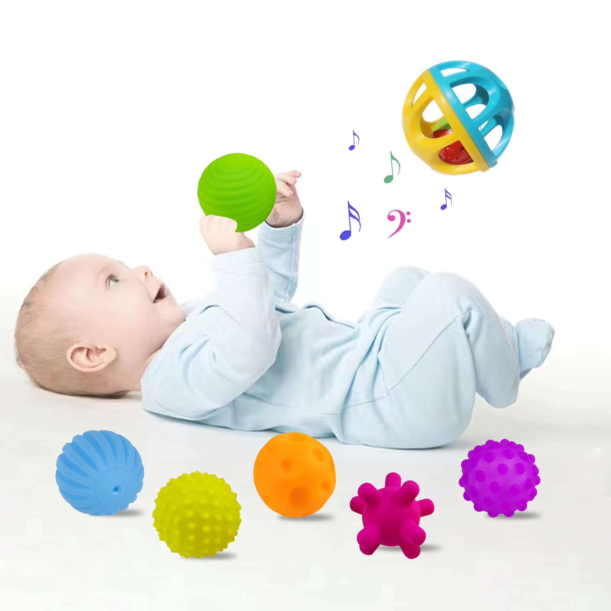 ROHSCE Rattle Ball Sensory Balls for Baby Toys Set, Massage Stress Relief Textured Multi Balls, Infant Teething Ball Sensory Toys for Babies, 7 Pieces