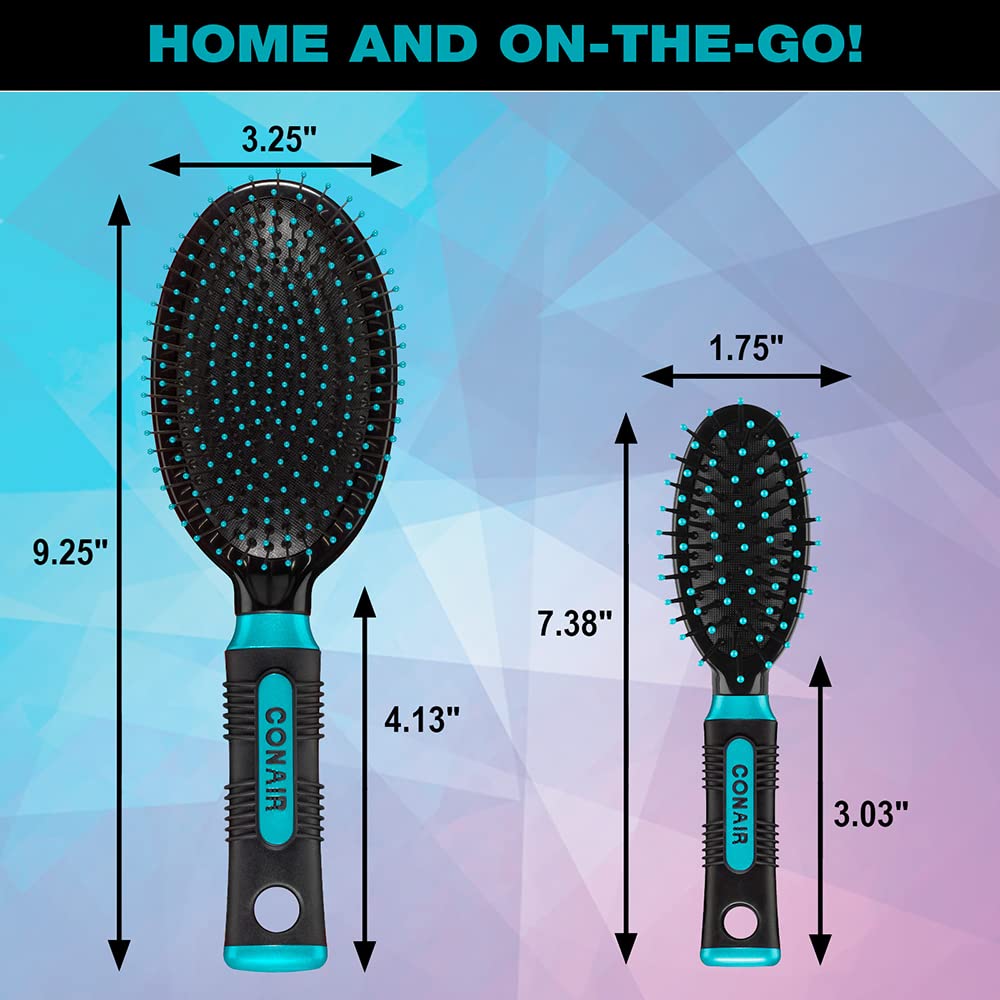 Conair Salon Results Hairbrush, 1 Travel Hairbrush and 1 Full-Sized Brush Included, Hairbrushes for Women and Men, Color May Vary, 2 Pack