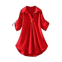 Womens V Neck Tunic Tops Loose Fitted Pleated Shirts 2024 Summer Casual Blouses Curved Hem Tunics for Leggings