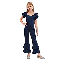 TiaoBug Kids Girls Layered Ruffle Cap Sleeve Jumpsuit Birthday Wedding Pageant Formal Party Flare Bell-Bottom Romper