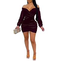 Women’s Sexy Bodycon Mini Dress Velvet Long Sleeve V Neck Off Shoulder Wrap Ruched Dresses Party Cocktail Wear