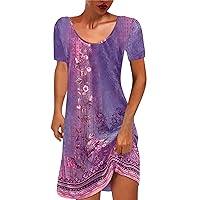 Casual Dresses for Women 2023 Loose Summer Beach Tshirt Sundress Vintage Floral Short Sleeve v Neck Tunic Dress