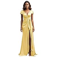 Satin Bridesmaid Dresses for Women with Sleeves V-Neck Pleated Long Formal Evening Gowns with Slit
