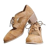 Oxford Shoes for Women Chunky Heels Brogue Leather Saddle Dress Shoes Lace up Vintage Wingtip Ankle Boots