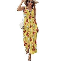 Beer and Crawfish Long Dress for Women Summer Printed Sleeveless